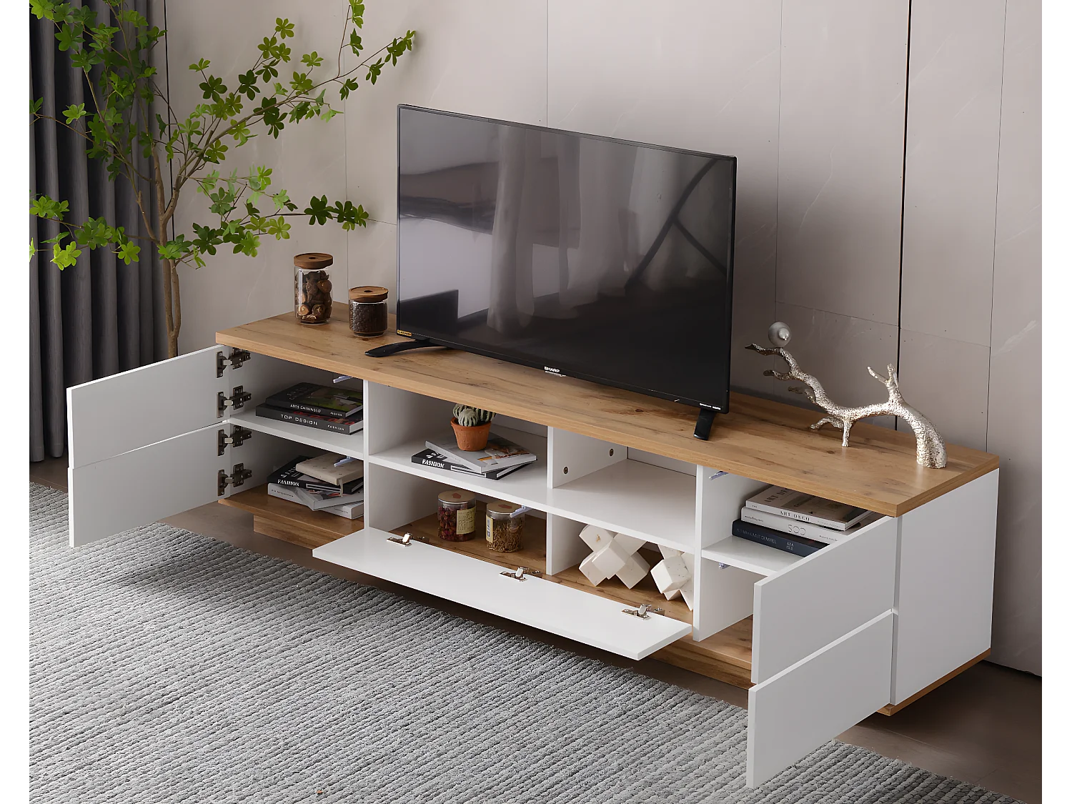 Modern tv-meubel met kleurenblokken, glanzend oppervlak en houtnerf, 180 cm