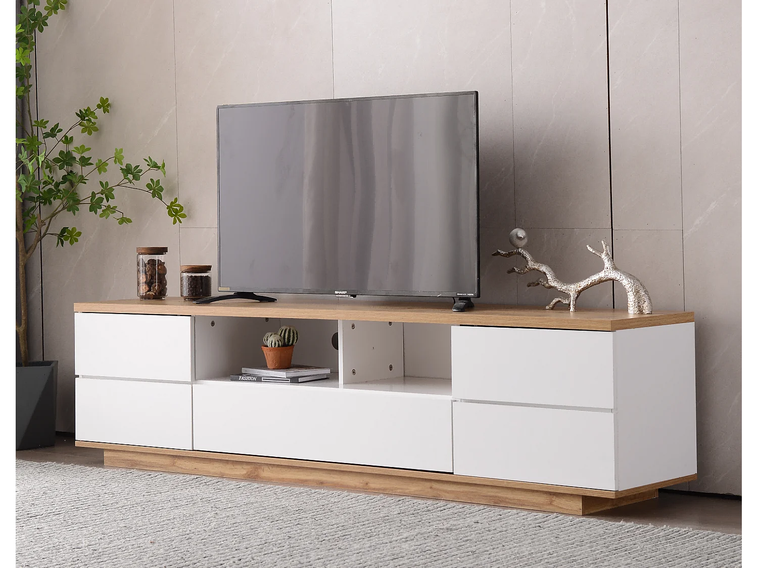 Modern tv-meubel met kleurenblokken, glanzend oppervlak en houtnerf, 180 cm