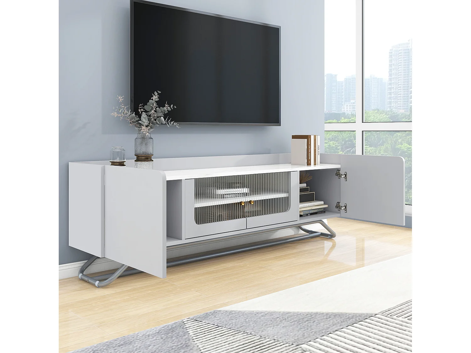 Modern TV-meubel met glastür en marmorstruktur blad 150 x 30 x 47 cm - wit