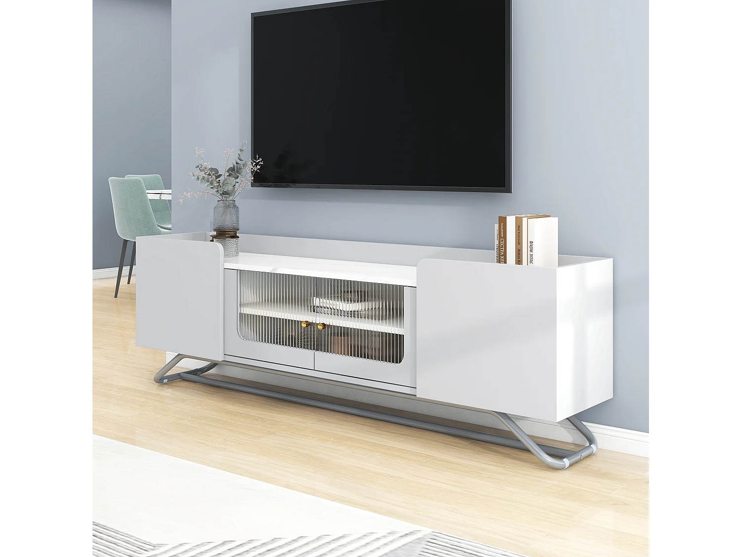 Modern TV-meubel met glastür en marmorstruktur blad 150 x 30 x 47 cm - wit