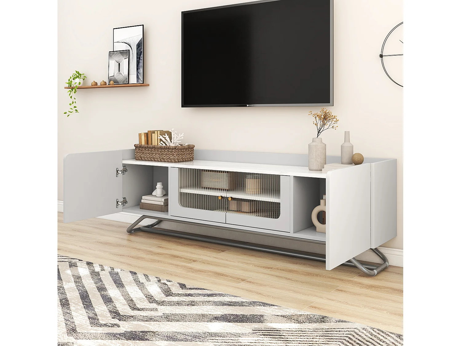 Modern TV-meubel met glastür en marmorstruktur blad 150 x 30 x 47 cm - wit