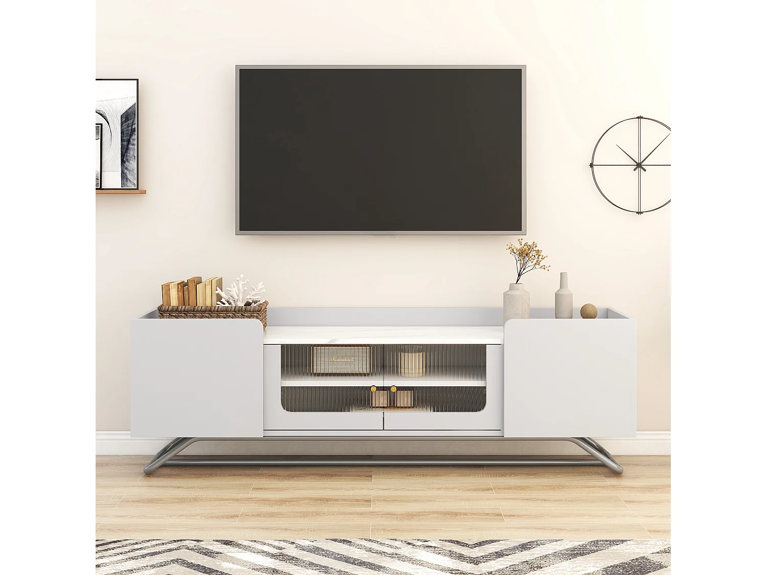Modern TV-meubel met glastür en marmorstruktur blad 150 x 30 x 47 cm - wit
