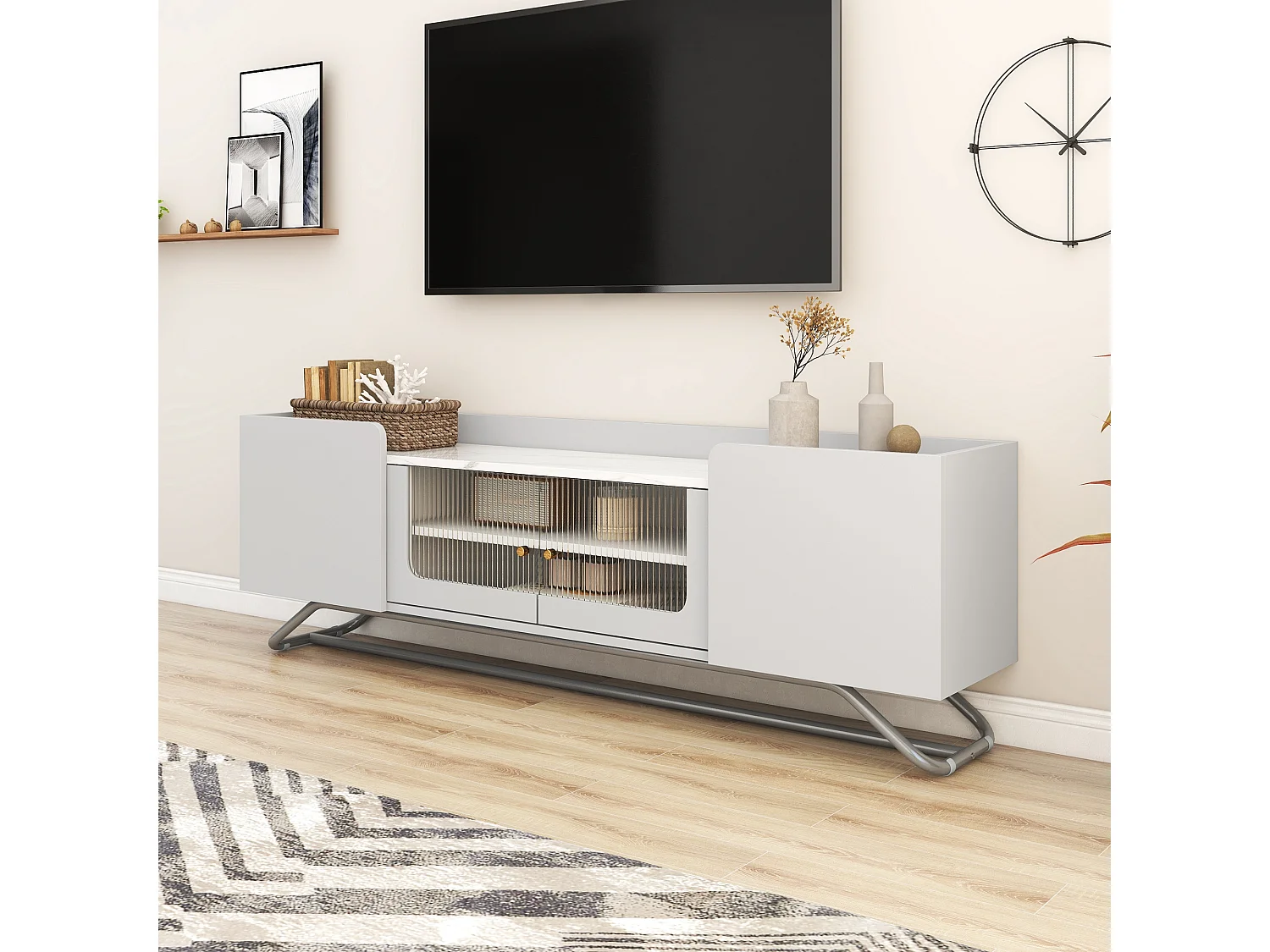 Modern TV-meubel met glastür en marmorstruktur blad 150 x 30 x 47 cm - wit