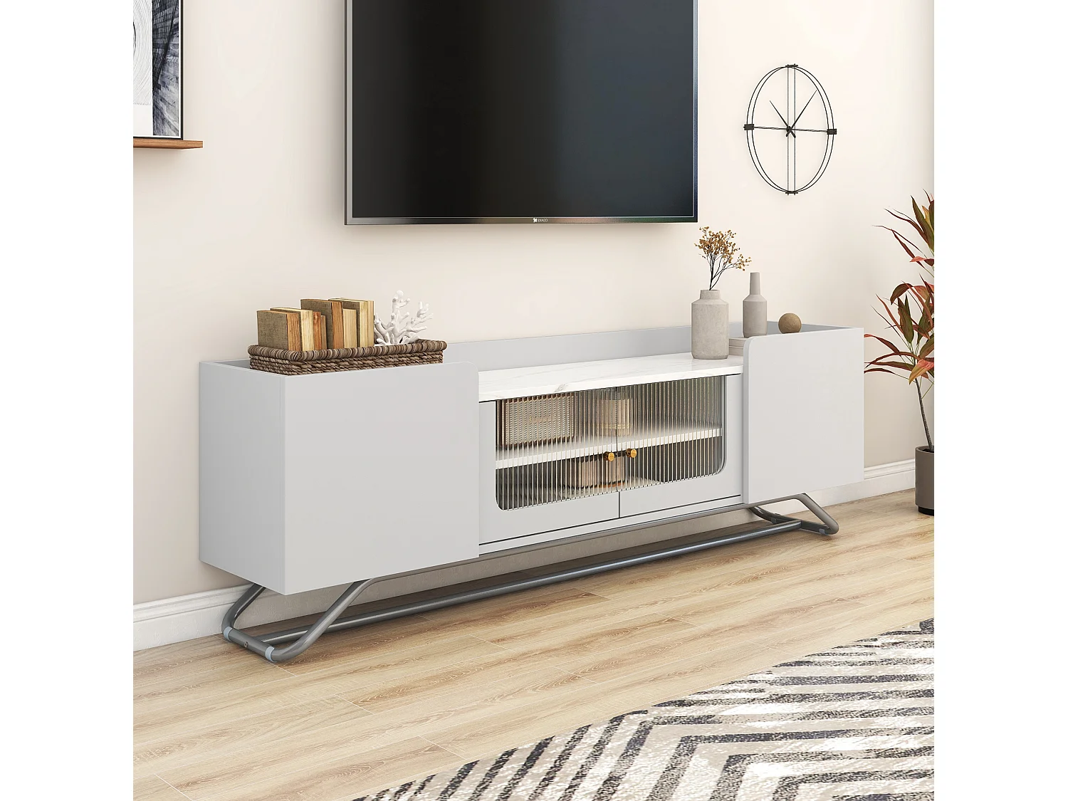Modern TV-meubel met glastür en marmorstruktur blad 150 x 30 x 47 cm - wit
