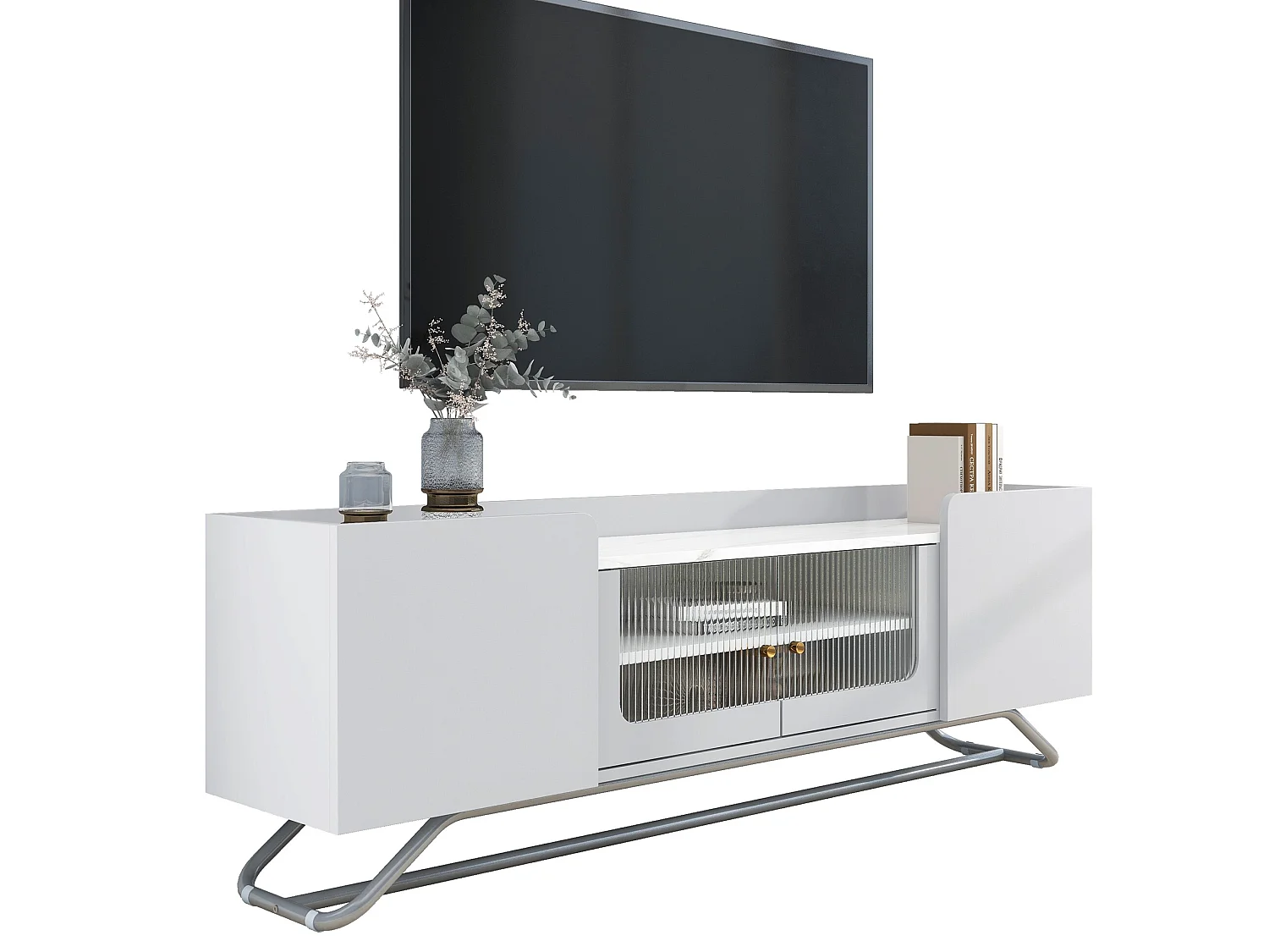 Modern TV-meubel met glastür en marmorstruktur blad 150 x 30 x 47 cm - wit