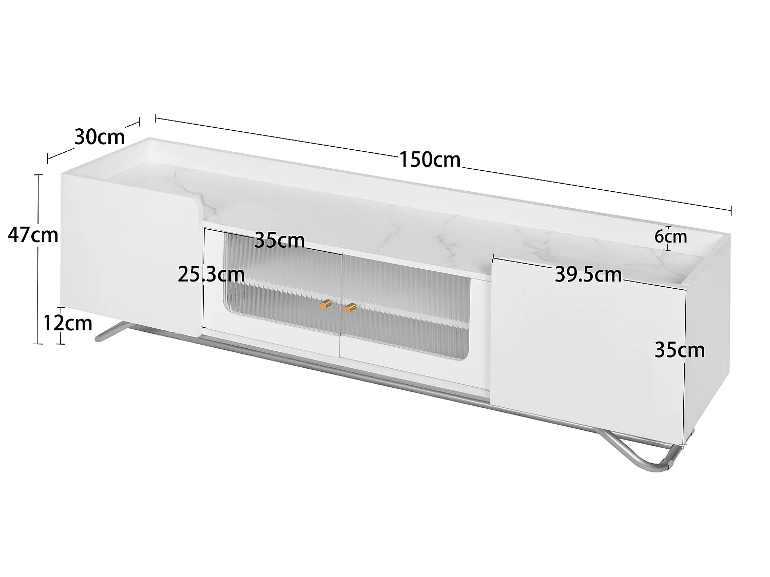 Modern TV-meubel met glastür en marmorstruktur blad 150 x 30 x 47 cm - wit