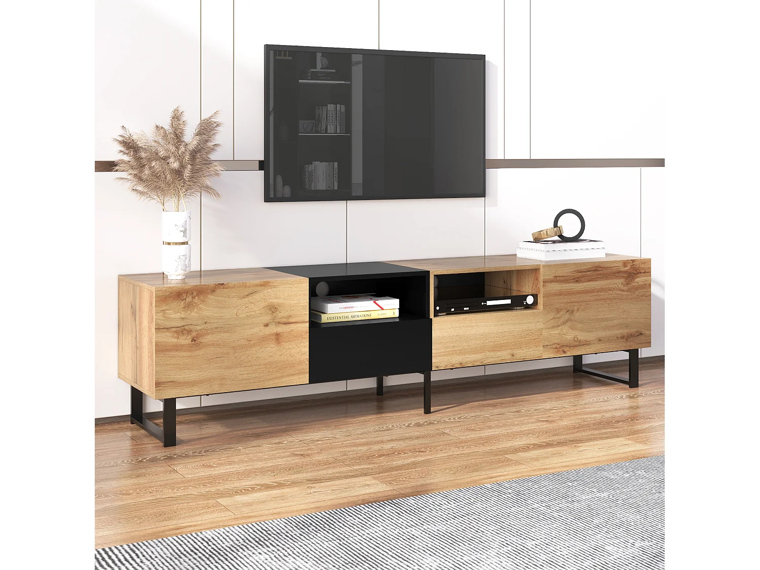 Modern tv-meubel met zwart en houtdesign