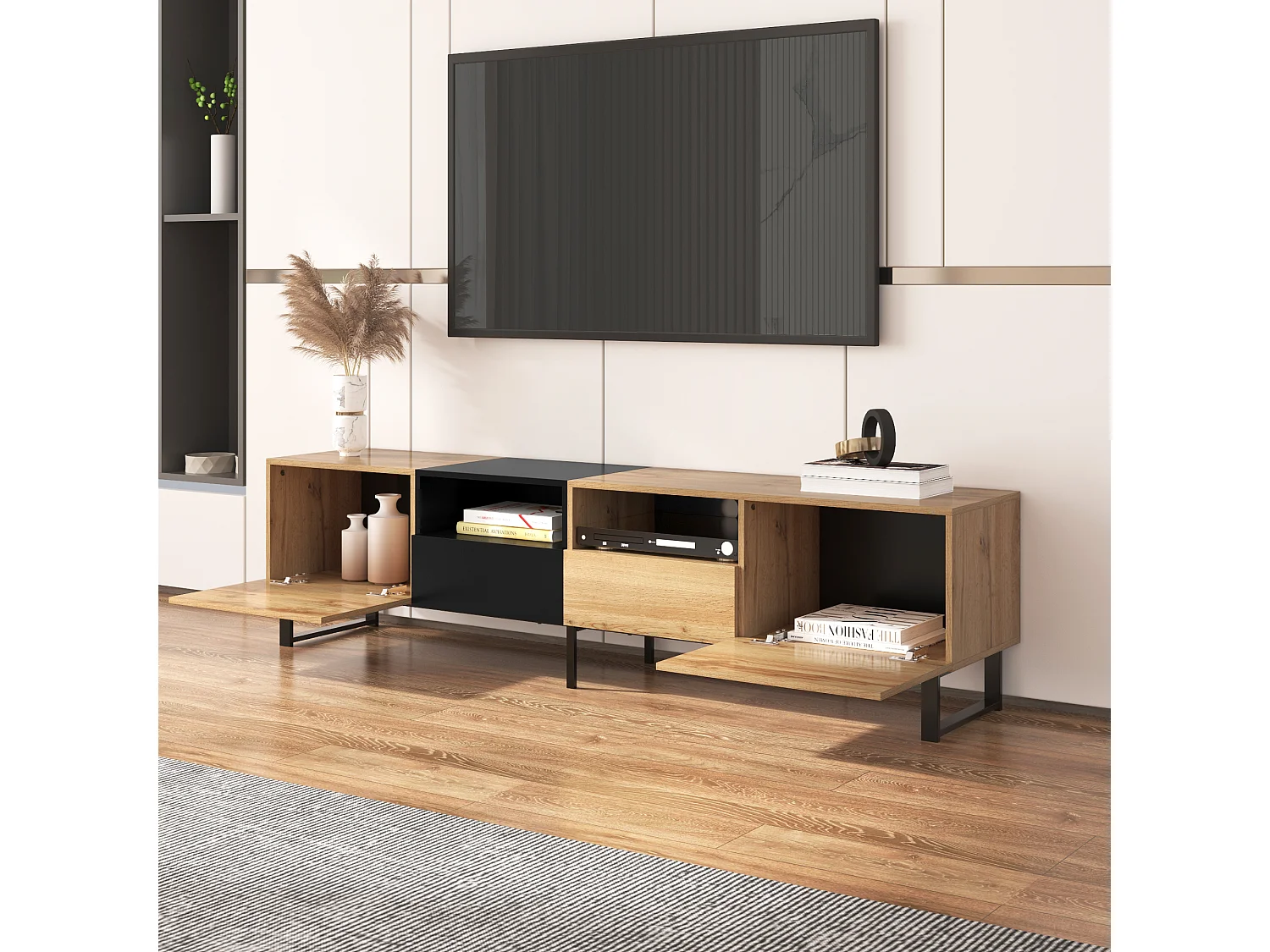 Modern tv-meubel met zwart en houtdesign