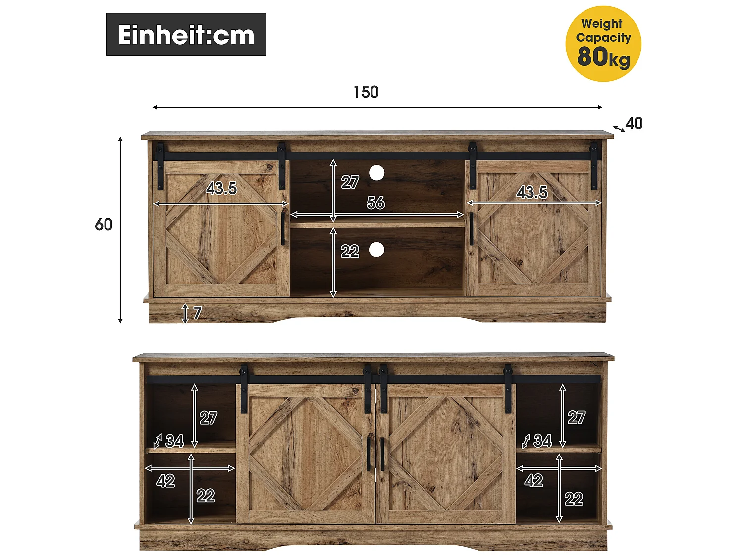 Mueble para TV con puertas correderas estilo granero, 150*40*60cm, marrón