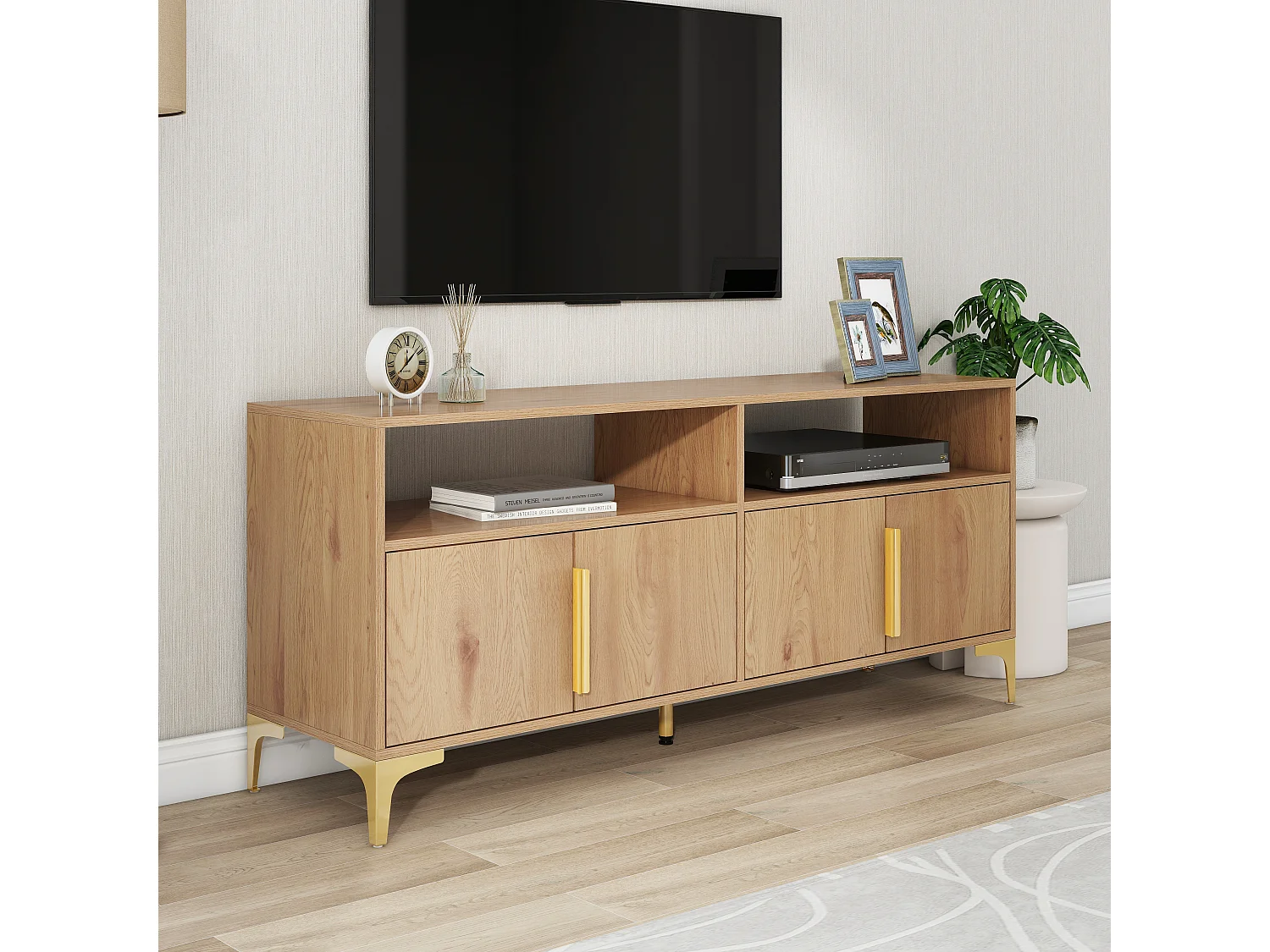 Meuble tv 4 portes avec 2 étagères ouvertes, support tv, 147 x 40 x 64 cm
