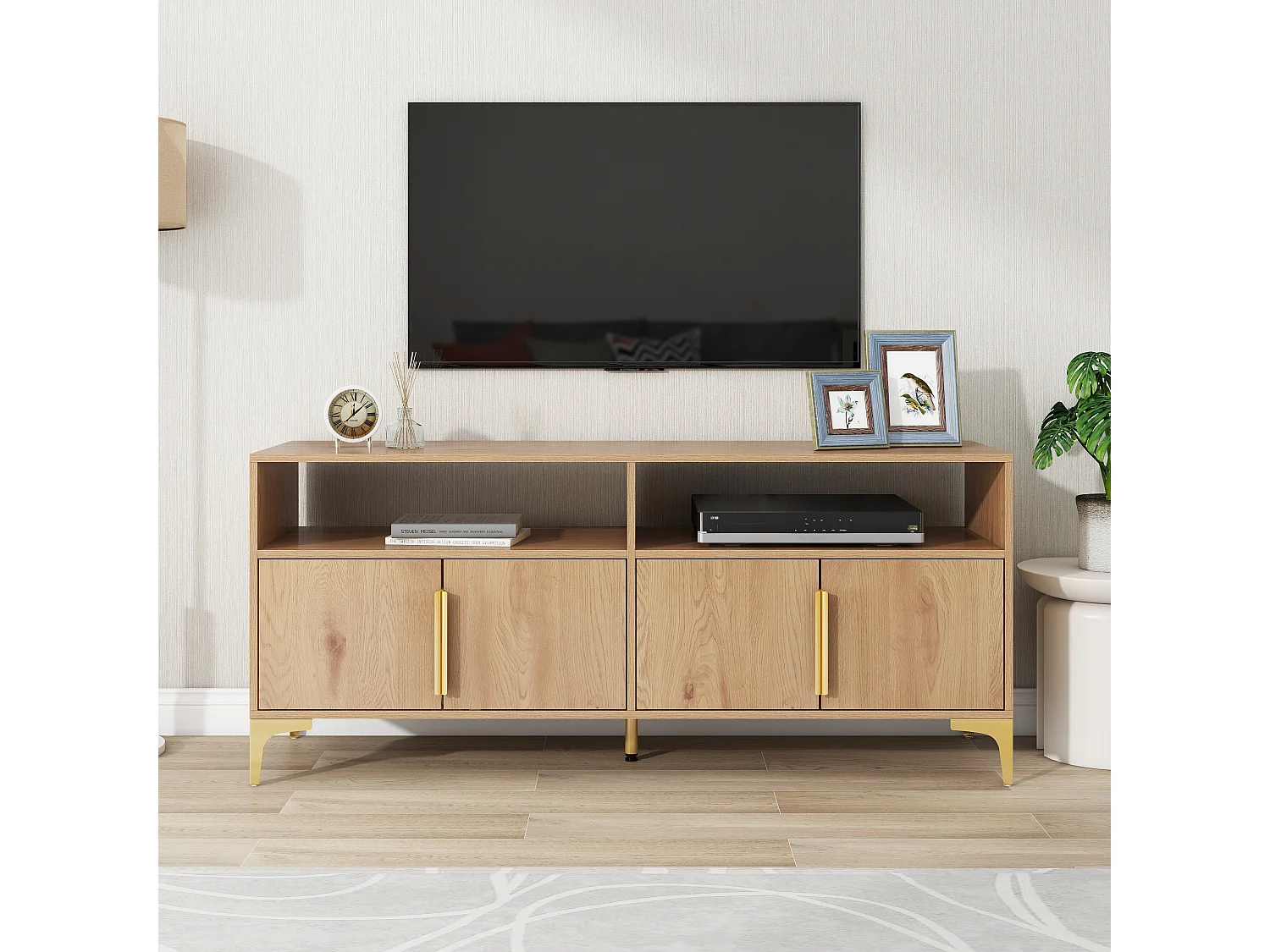 Meuble tv 4 portes avec 2 étagères ouvertes, support tv, 147 x 40 x 64 cm