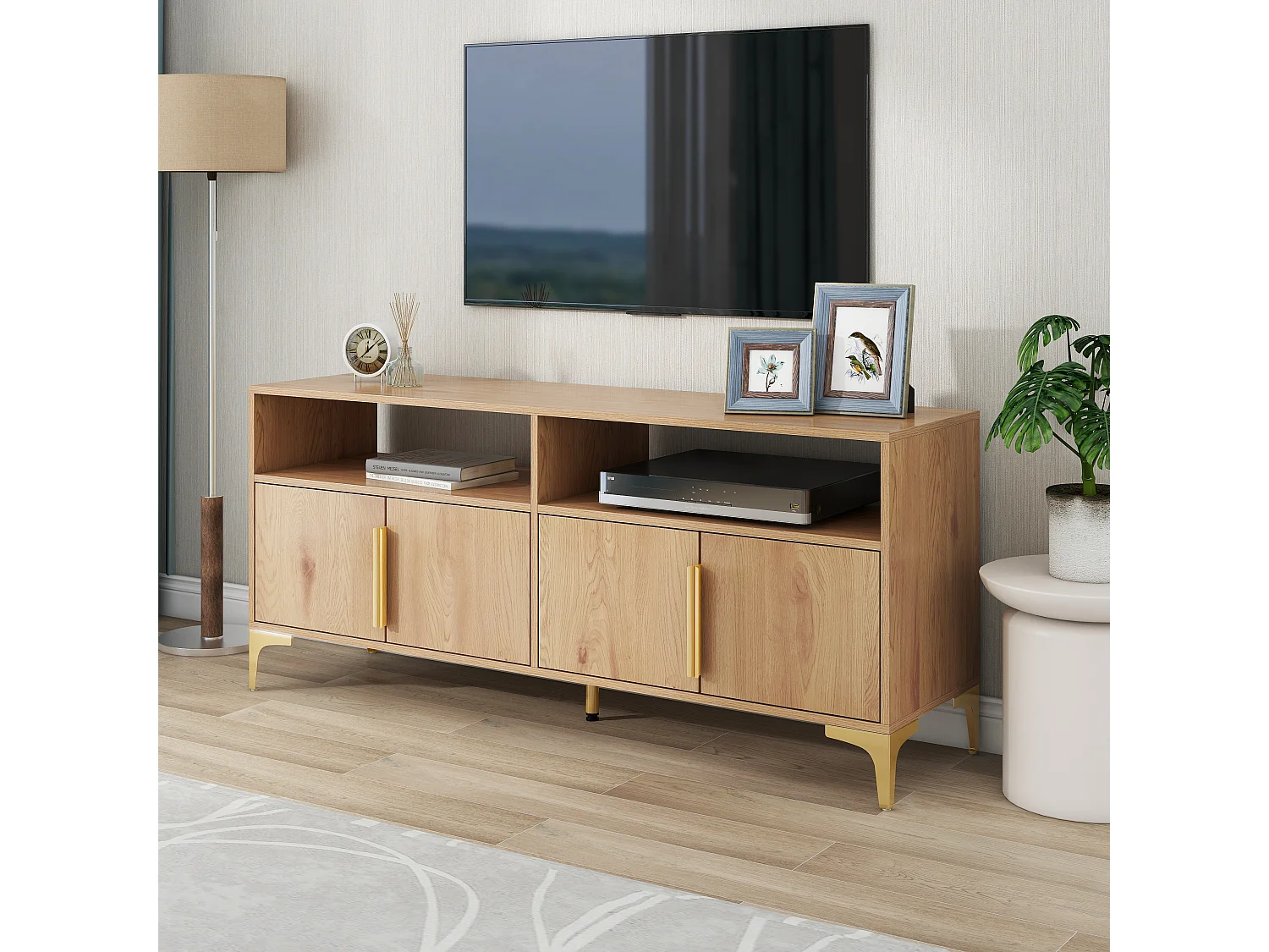 Meuble tv 4 portes avec 2 étagères ouvertes, support tv, 147 x 40 x 64 cm
