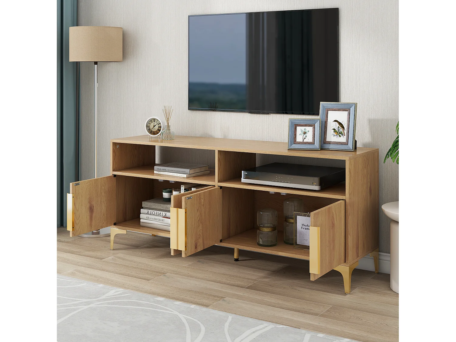 Meuble tv 4 portes avec 2 étagères ouvertes, support tv, 147 x 40 x 64 cm