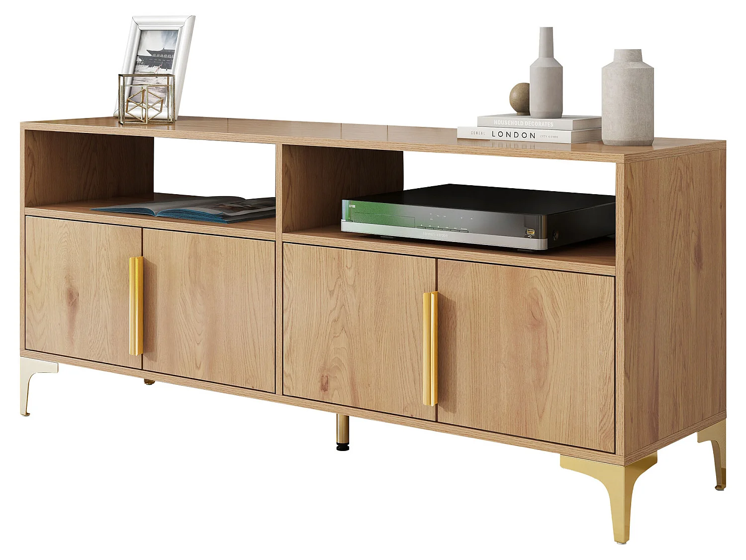 Meuble tv 4 portes avec 2 étagères ouvertes, support tv, 147 x 40 x 64 cm