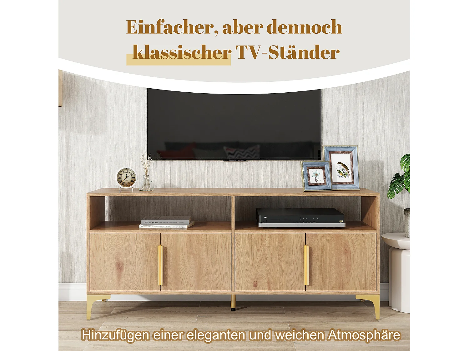 Meuble tv 4 portes avec 2 étagères ouvertes, support tv, 147 x 40 x 64 cm