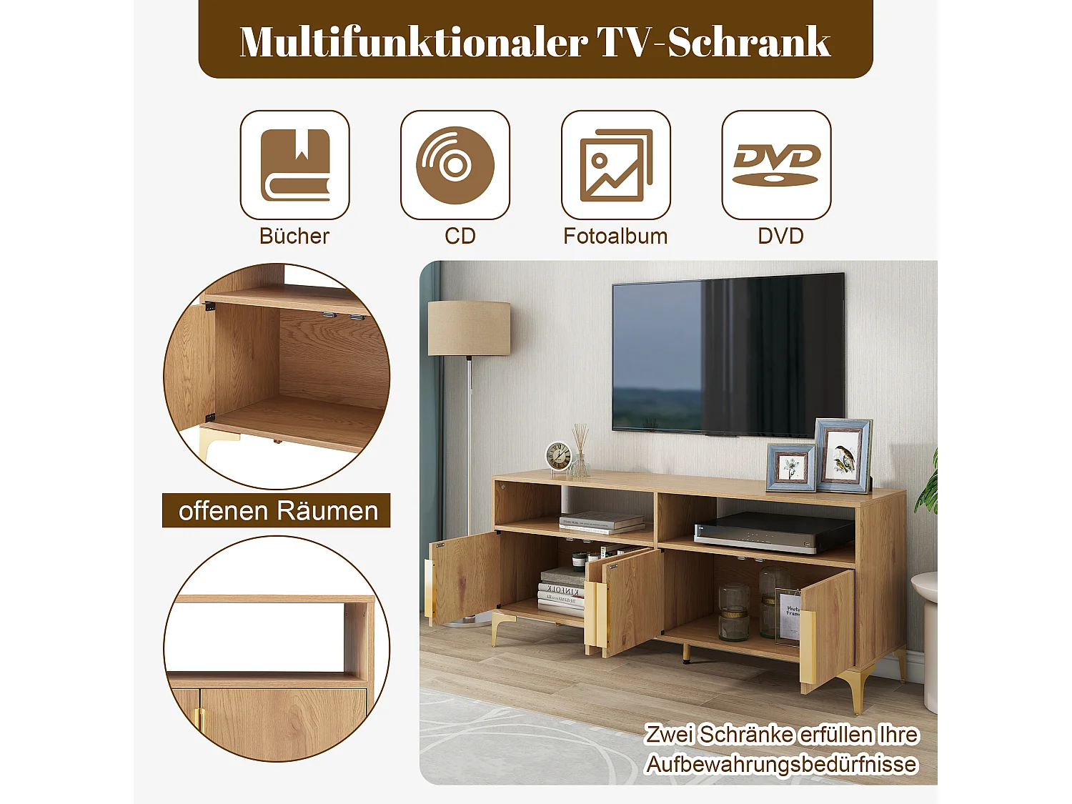 Meuble tv 4 portes avec 2 étagères ouvertes, support tv, 147 x 40 x 64 cm