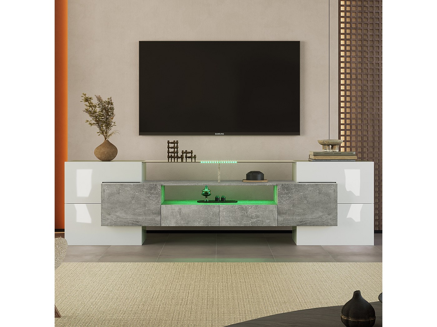 Mobile TV Dripex Con LED Blu – 135x70x35 Cm, 2 Ante, Cassetti Con Divisori, In MDF Bianco Avorio Lucido, Per TV Fino A 55 Pollici, Carico 50kg