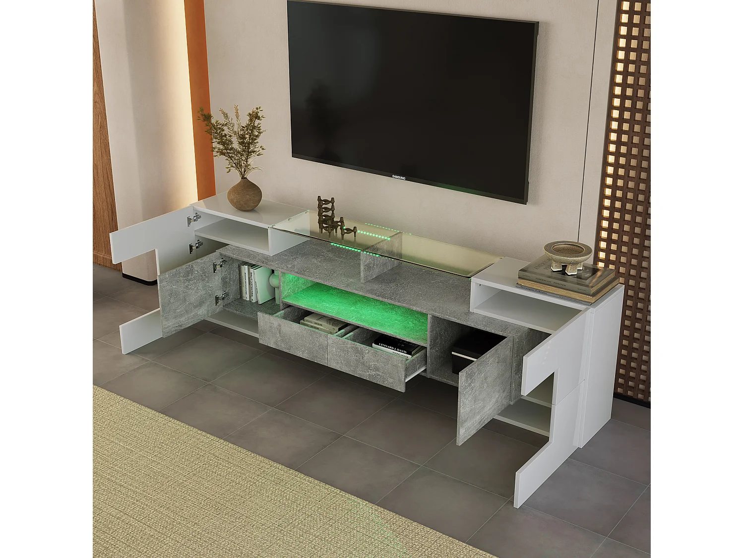 Elegante mobile porta TV, 200 cm, laccato bianco, illuminazione a LED