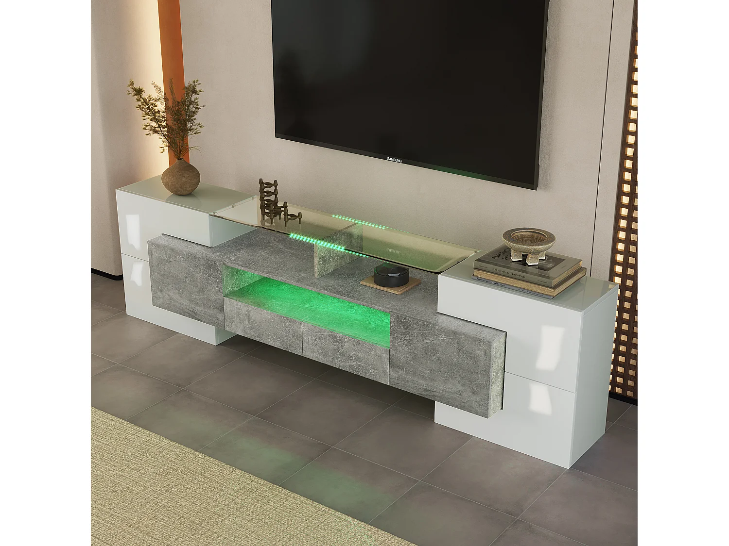 Elegante mobile porta TV, 200 cm, laccato bianco, illuminazione a LED