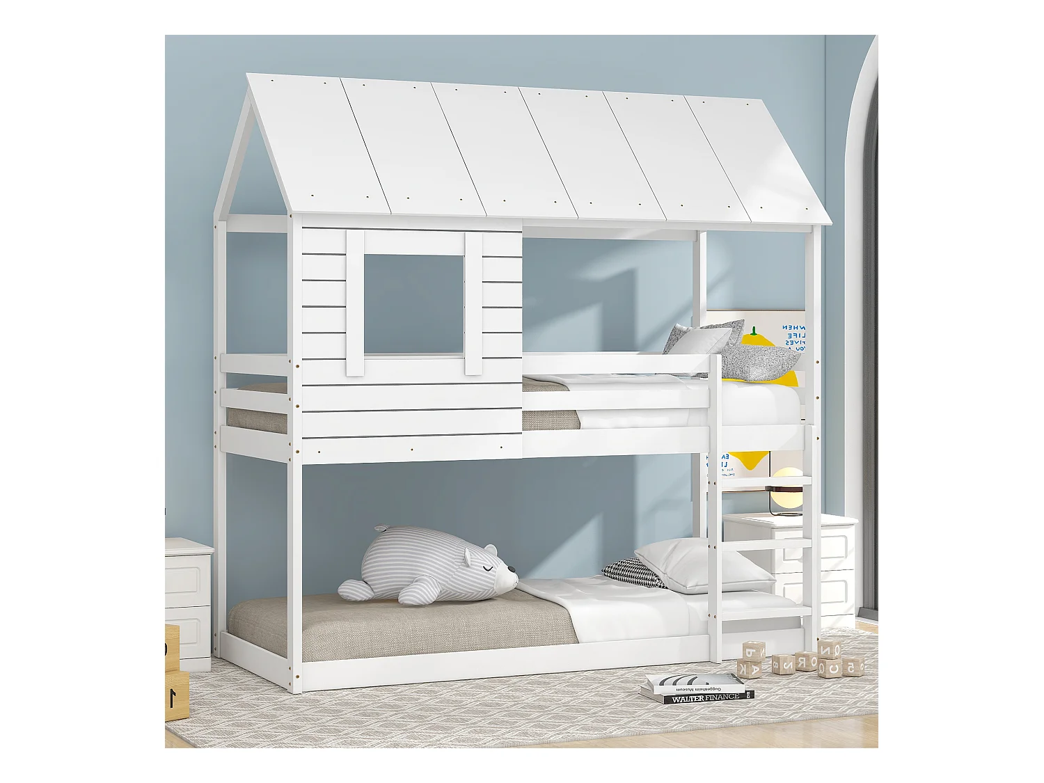 Houten stapelbed in de vorm van een huis met dak, wit 90 x 200 cm