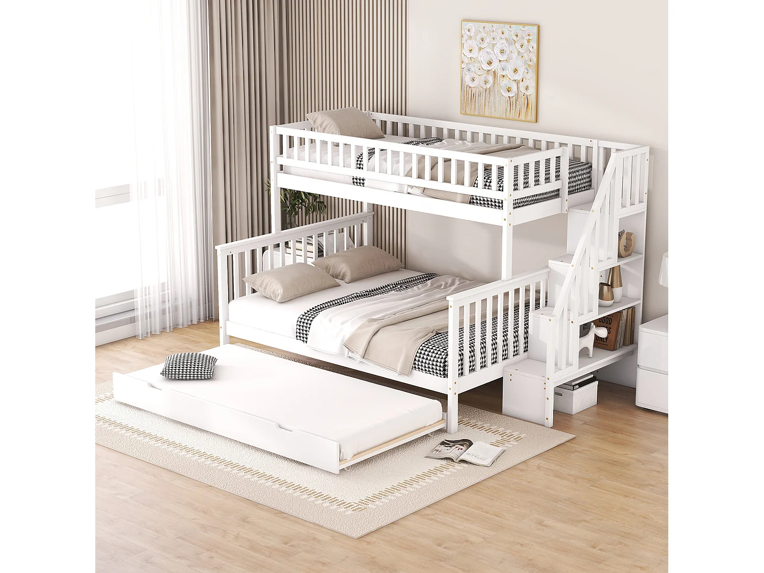 Kinderstapelbed 90 x 200 bij 140 x 200 met onderschuifbed en trap, wit