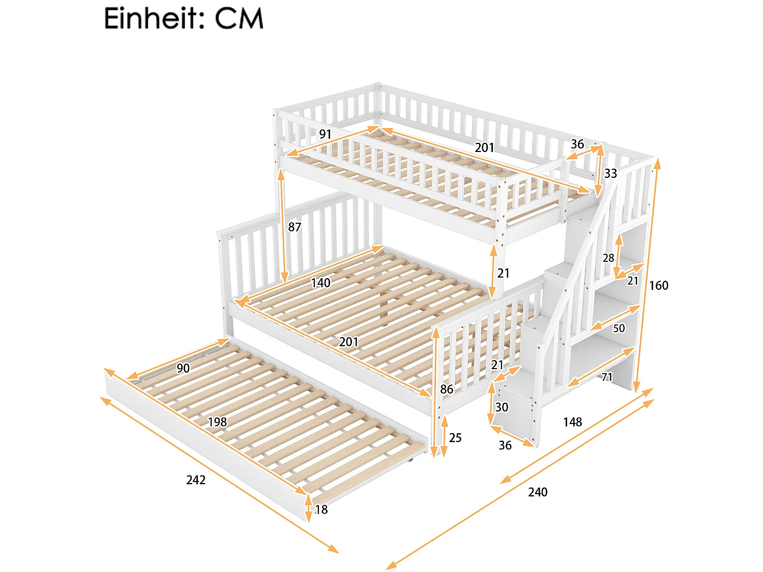 Kinderstapelbed 90 x 200 bij 140 x 200 met onderschuifbed en trap, wit