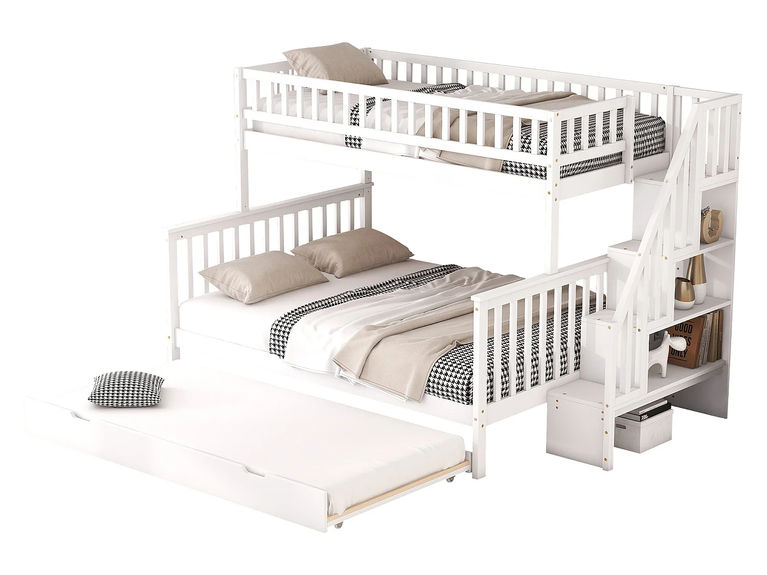 Kinderstapelbed 90 x 200 bij 140 x 200 met onderschuifbed en trap, wit