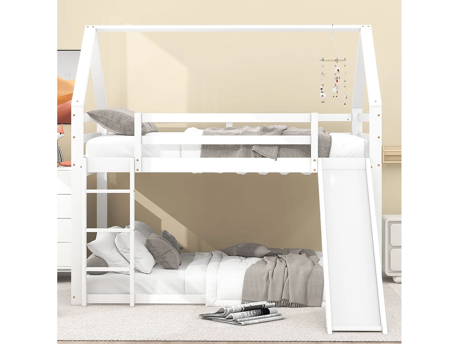 Lit superposé en forme de maison avec toboggan et échelle, blanc, 140x200cm