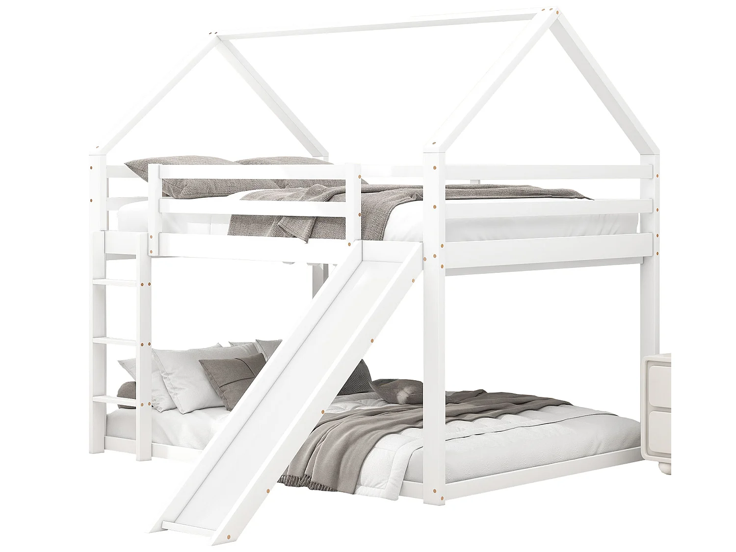 Lit superposé en forme de maison avec toboggan et échelle, blanc, 140x200cm