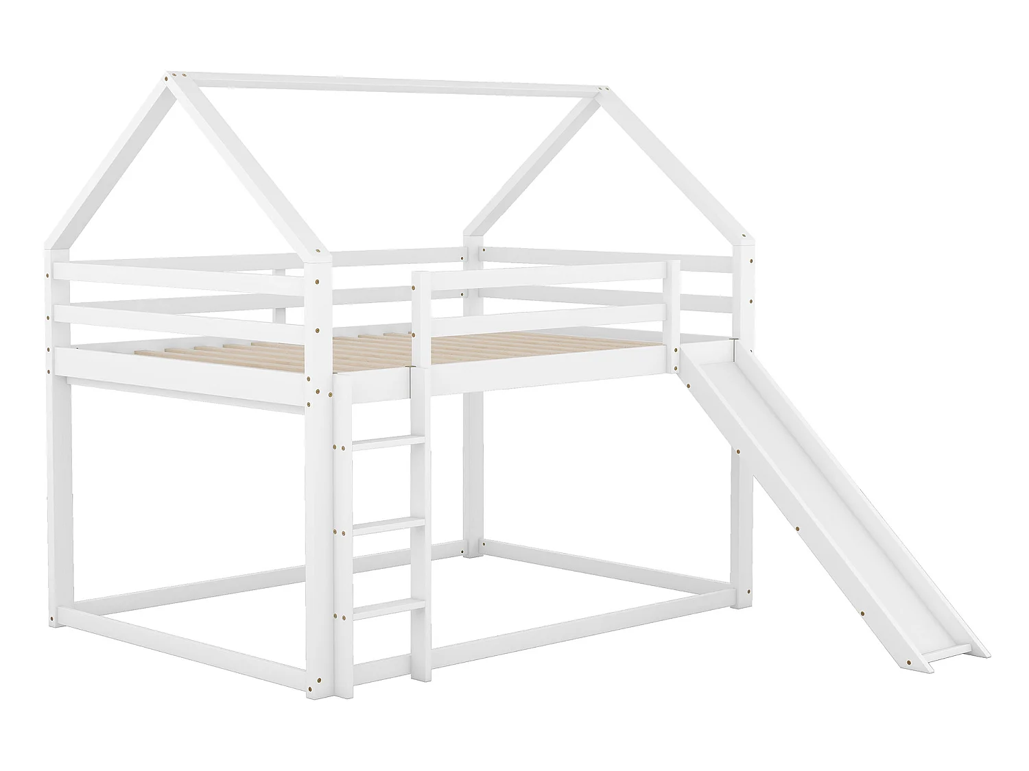 Lit superposé en forme de maison avec toboggan et échelle, blanc, 140x200cm