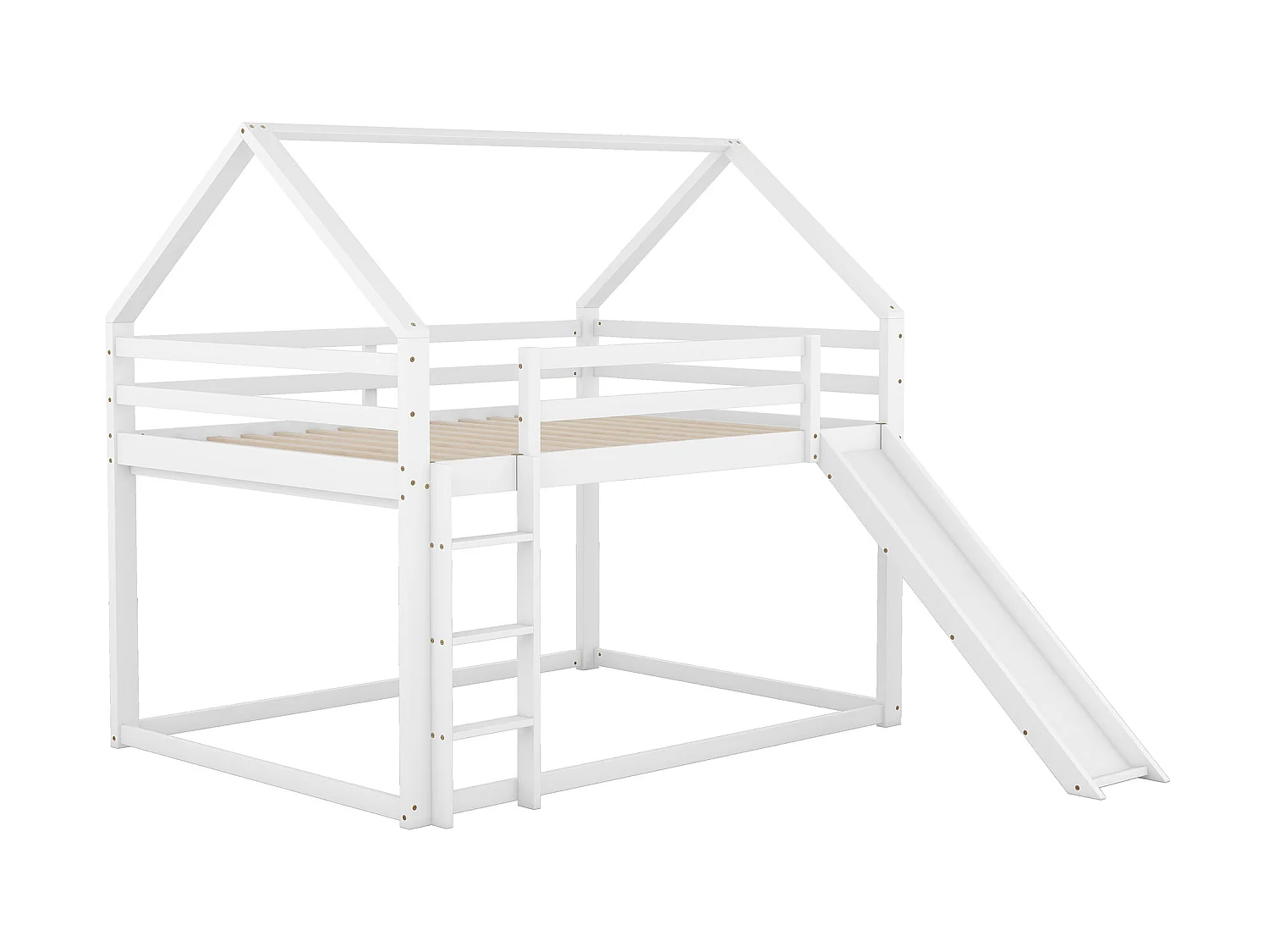 Lit superposé en forme de maison avec toboggan et échelle, blanc, 140x200cm
