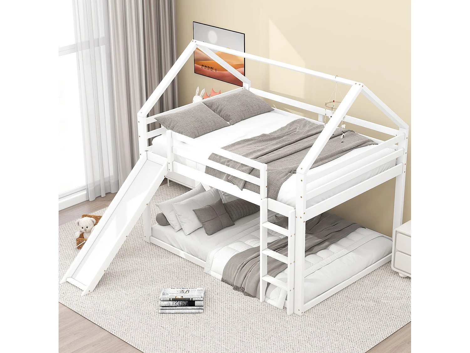 Lit superposé en forme de maison avec toboggan et échelle, blanc, 140x200cm