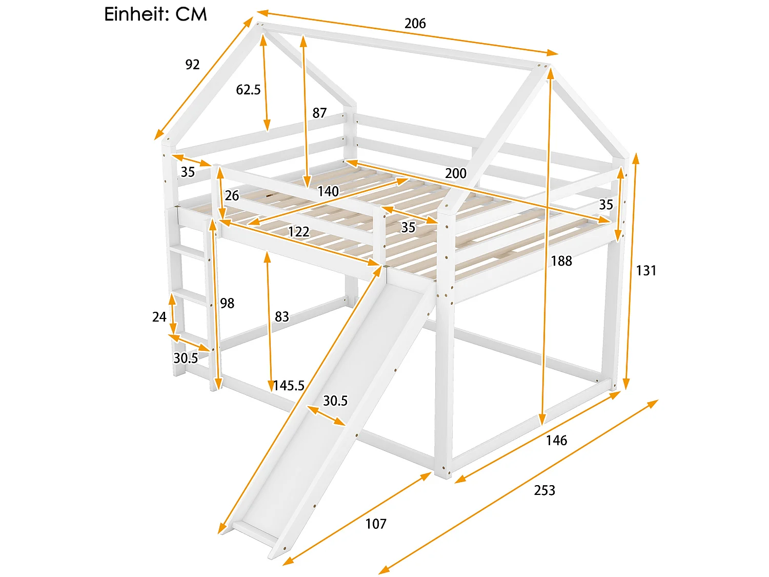 Lit superposé en forme de maison avec toboggan et échelle, blanc, 140x200cm