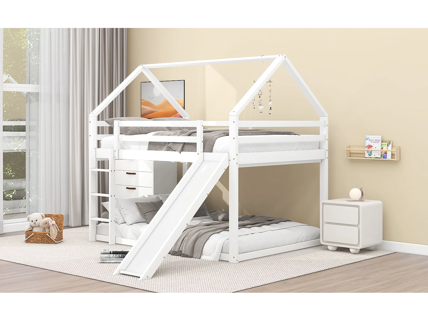 Lit superposé en forme de maison avec toboggan et échelle, blanc, 140x200cm