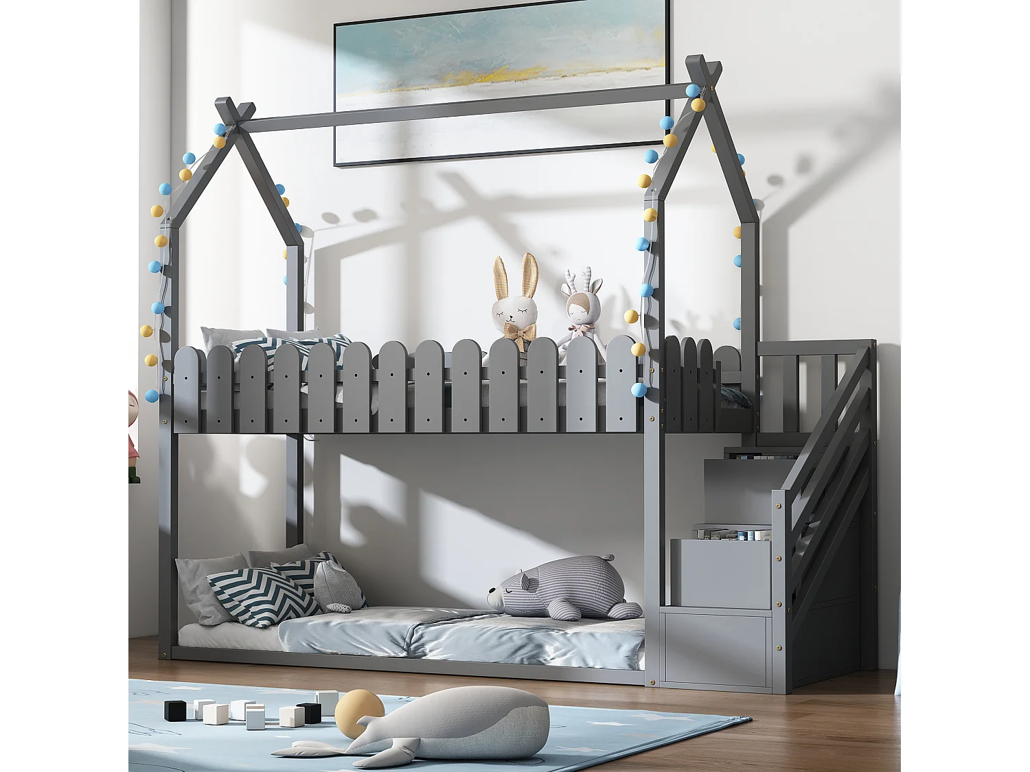 Lit maison avec 3 marches, 2 tiroirs, clôture, lit superposé, lit pour enfants, gris