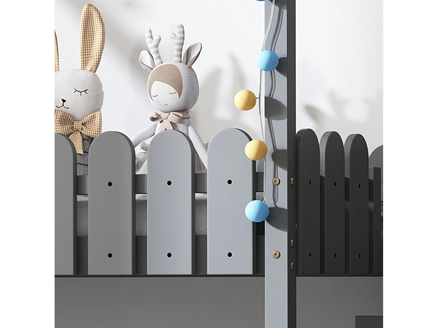 Lit maison avec 3 marches, 2 tiroirs, clôture, lit superposé, lit pour enfants, gris