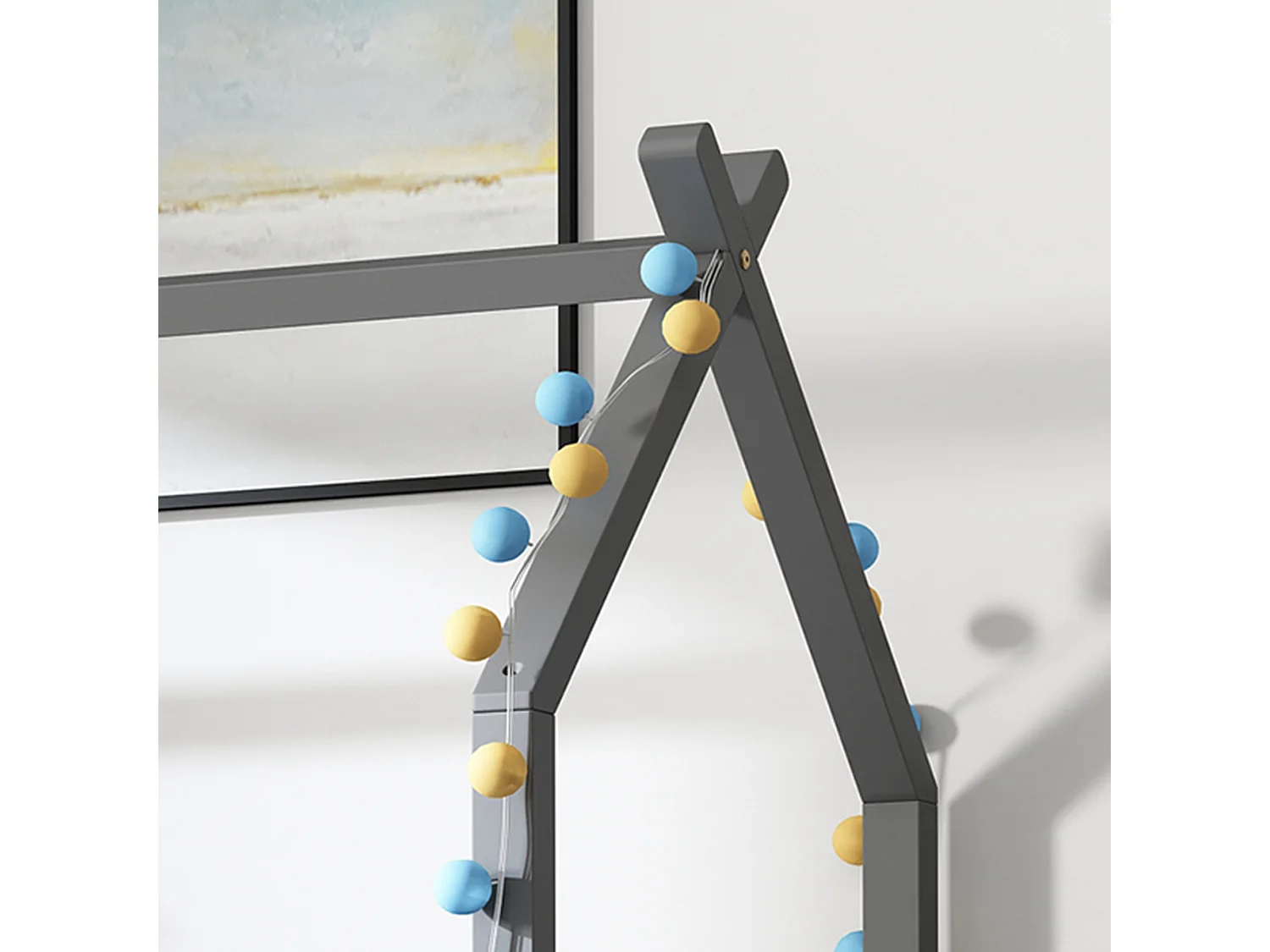 Lit maison avec 3 marches, 2 tiroirs, clôture, lit superposé, lit pour enfants, gris