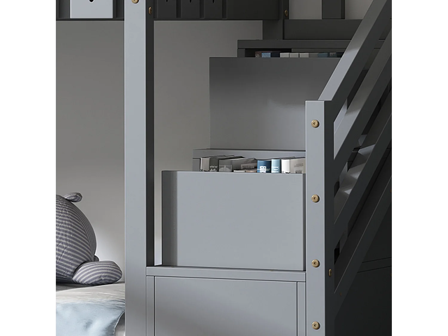 Lit maison avec 3 marches, 2 tiroirs, clôture, lit superposé, lit pour enfants, gris