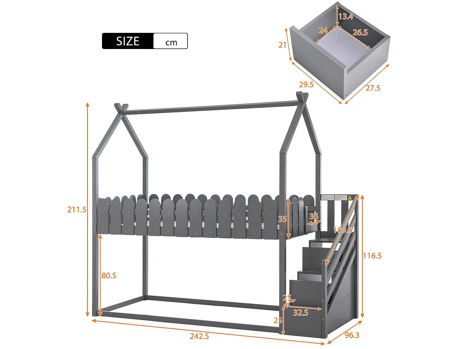 Lit maison avec 3 marches, 2 tiroirs, clôture, lit superposé, lit pour enfants, gris