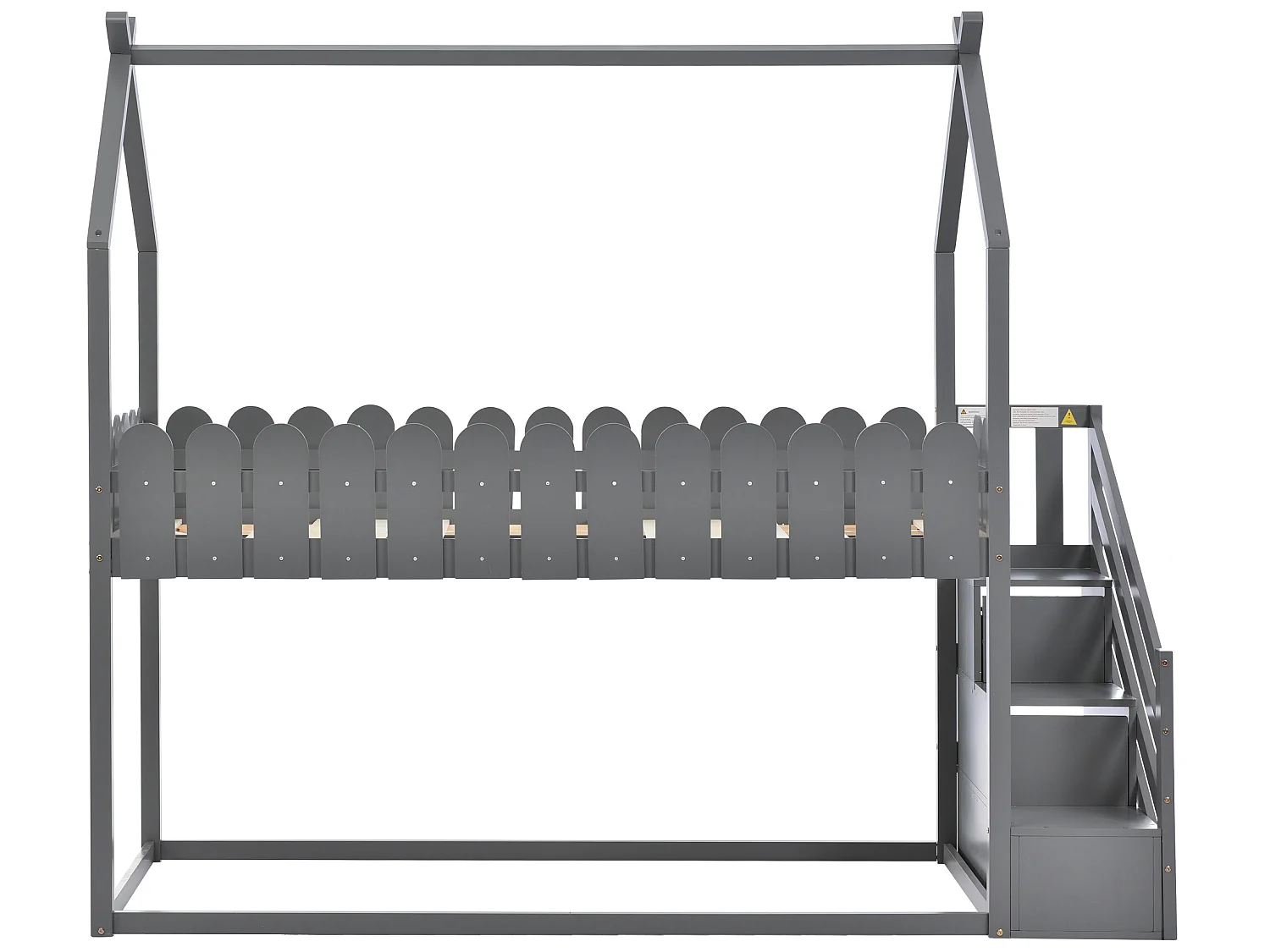 Lit maison avec 3 marches, 2 tiroirs, clôture, lit superposé, lit pour enfants, gris