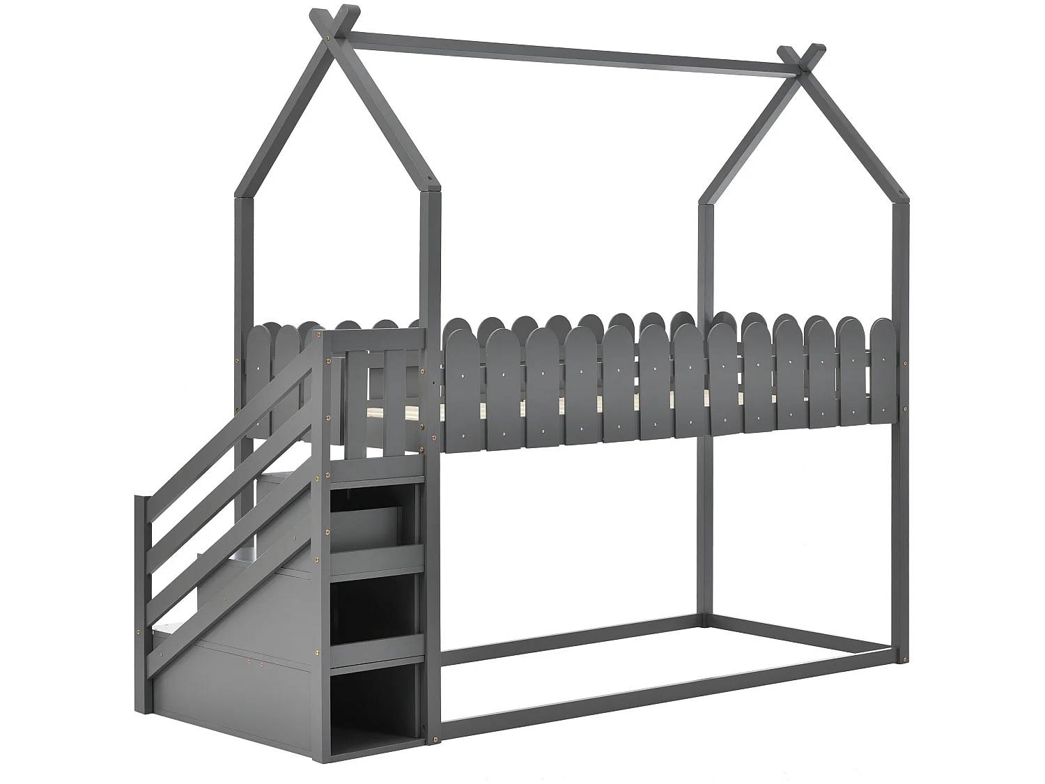 Lit maison avec 3 marches, 2 tiroirs, clôture, lit superposé, lit pour enfants, gris