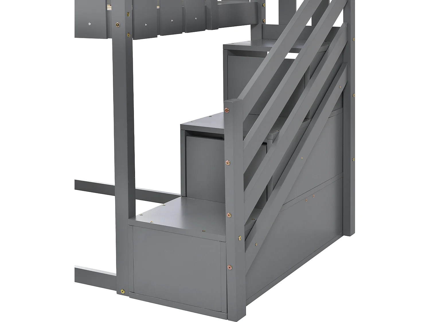 Lit maison avec 3 marches, 2 tiroirs, clôture, lit superposé, lit pour enfants, gris