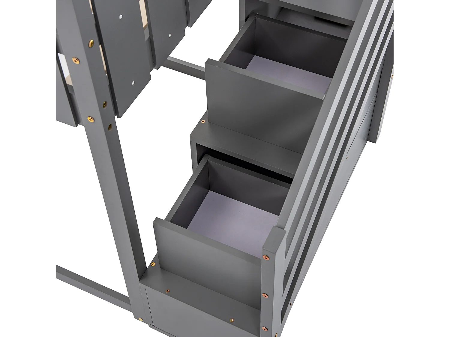 Lit maison avec 3 marches, 2 tiroirs, clôture, lit superposé, lit pour enfants, gris