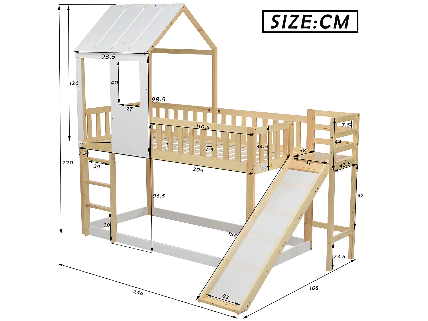 Lit superposé avec échelle à angle droit et toboggan, lit en forme de maison, avec protection contre les chutes et barrière, cadre en pin, naturel et blanc (90x200cm)