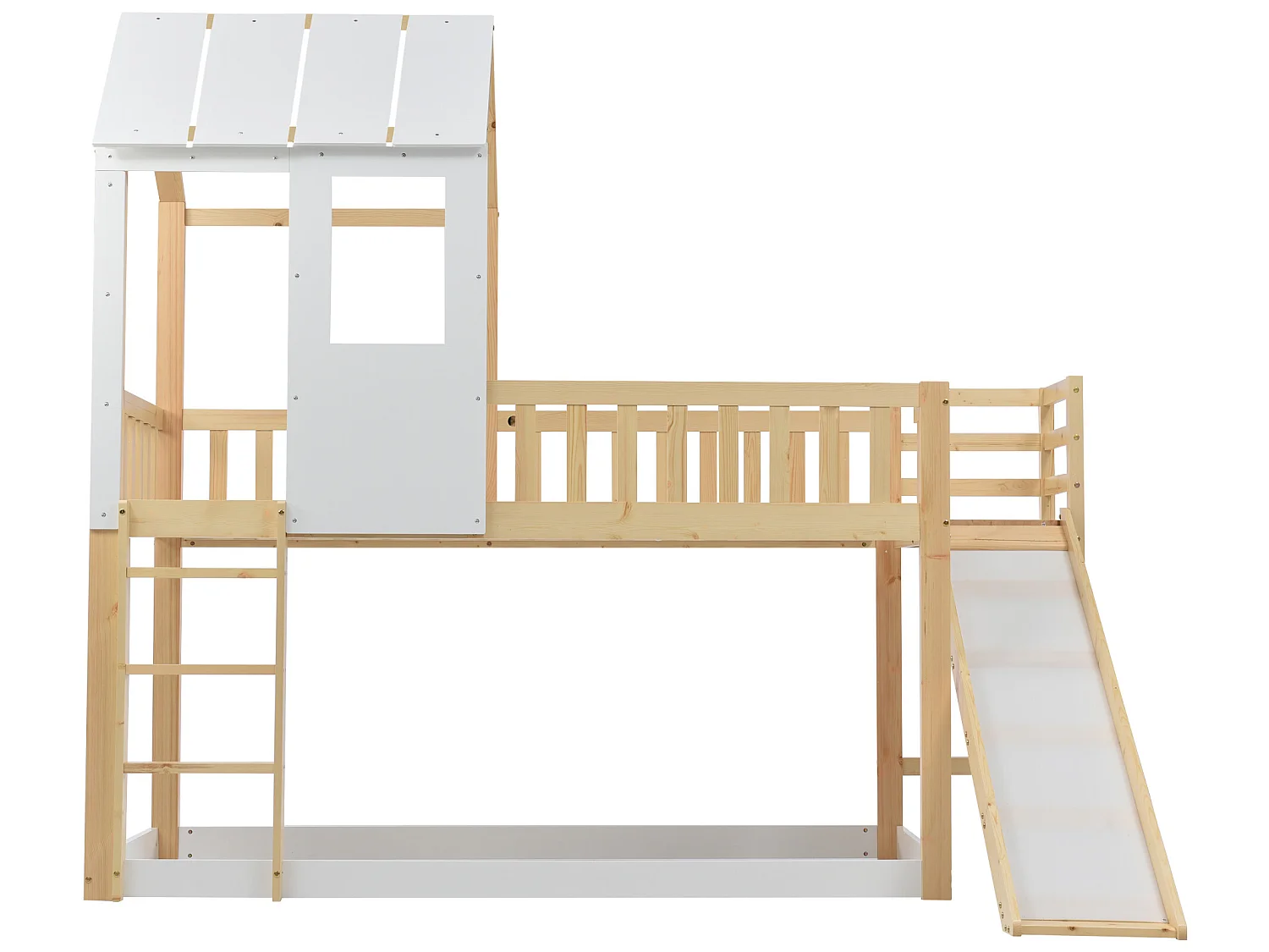Lit superposé avec échelle à angle droit et toboggan, lit en forme de maison, avec protection contre les chutes et barrière, cadre en pin, naturel et blanc (90x200cm)