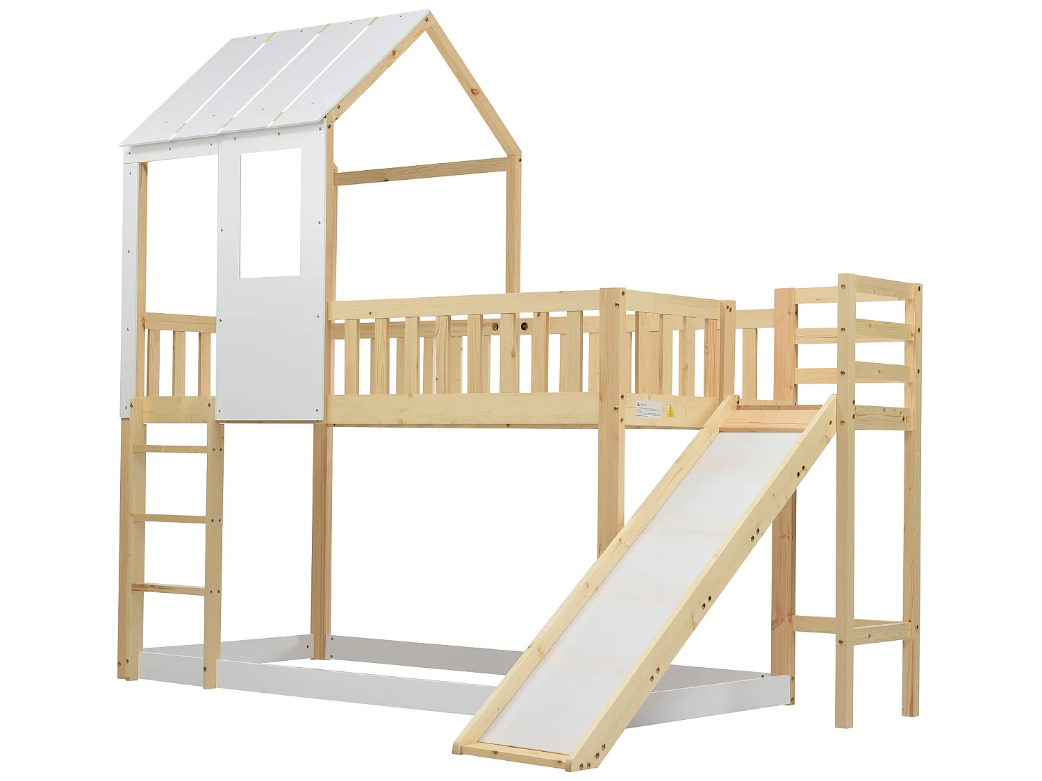 Lit superposé avec échelle à angle droit et toboggan, lit en forme de maison, avec protection contre les chutes et barrière, cadre en pin, naturel et blanc (90x200cm)