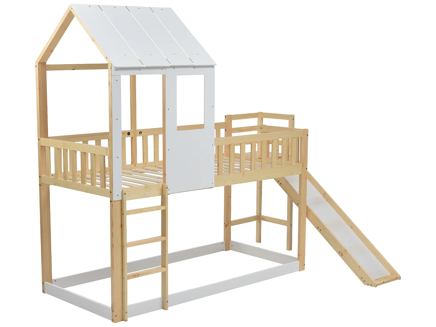 Lit superposé avec échelle à angle droit et toboggan, lit en forme de maison, avec protection contre les chutes et barrière, cadre en pin, naturel et blanc (90x200cm)