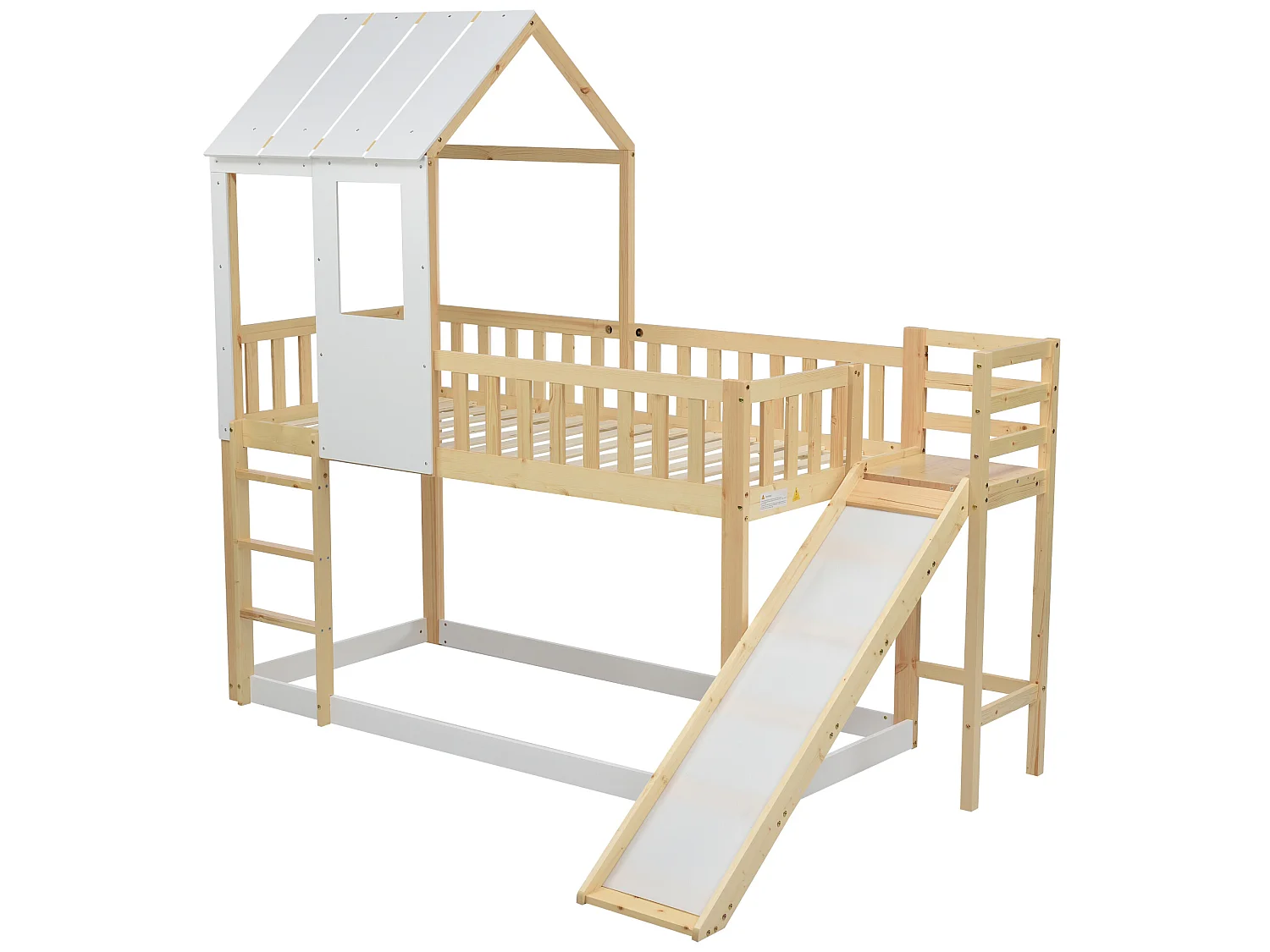 Lit superposé avec échelle à angle droit et toboggan, lit en forme de maison, avec protection contre les chutes et barrière, cadre en pin, naturel et blanc (90x200cm)