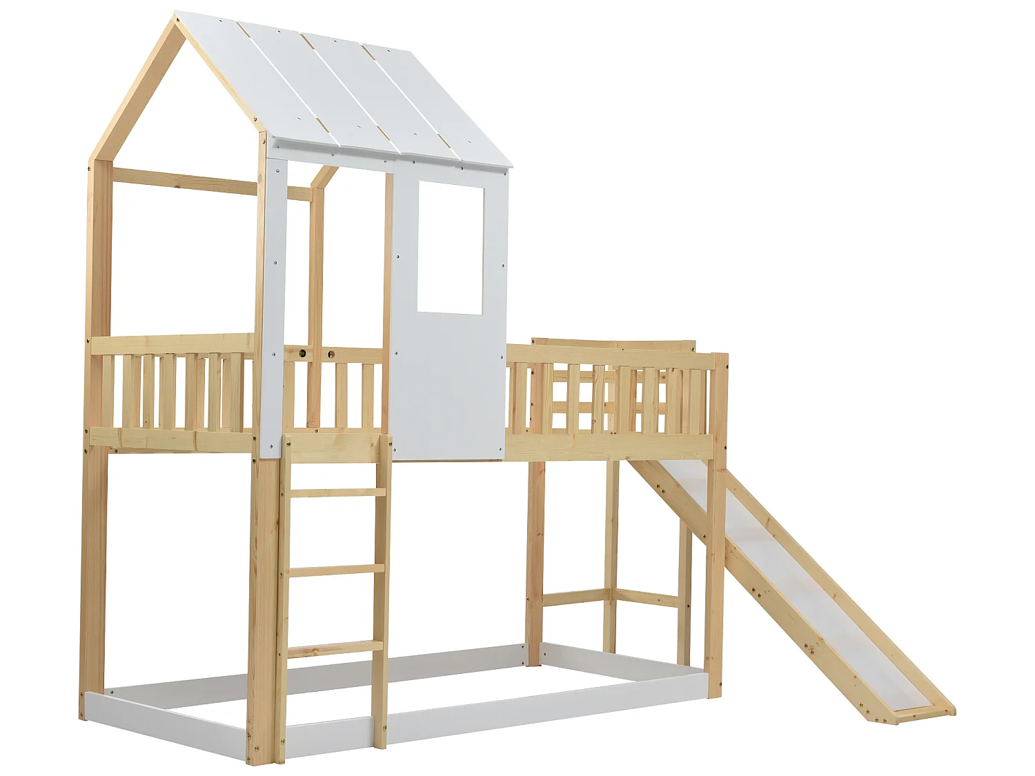 Lit superposé avec échelle à angle droit et toboggan, lit en forme de maison, avec protection contre les chutes et barrière, cadre en pin, naturel et blanc (90x200cm)