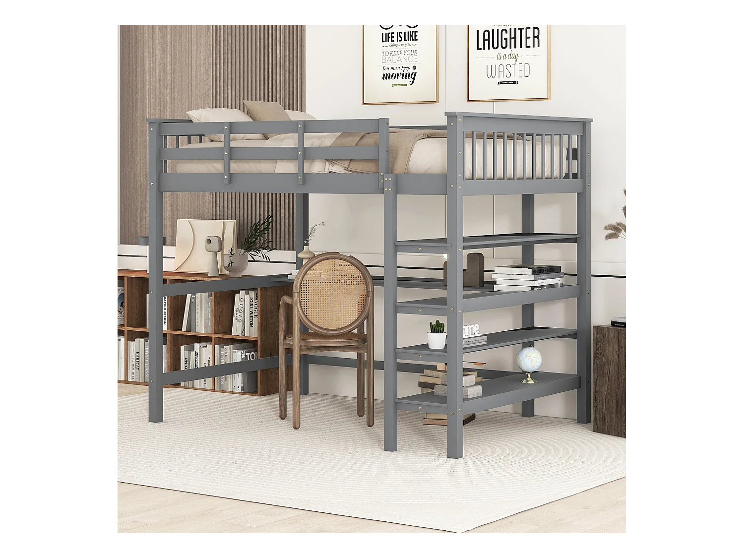 Lit superposé pour enfants avec rangements et bureau intégré, gris 140 x 200